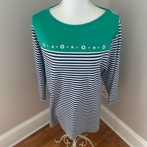 Quacker Factory XL Blue White Green Studded Striped Nautical 3/4 Sleeve Knit Top